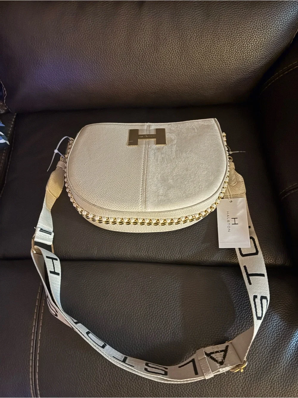 H by Halston Cream Crossbody with Logo Webbing Strap